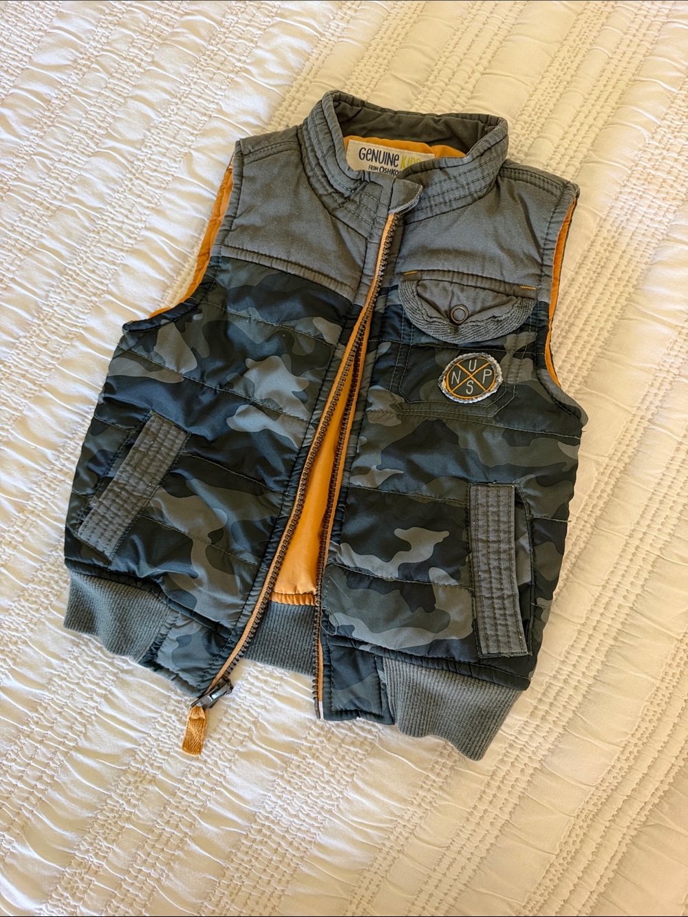 OshKosh B'gosh Green Camo Puffer Vest with Orange Lining